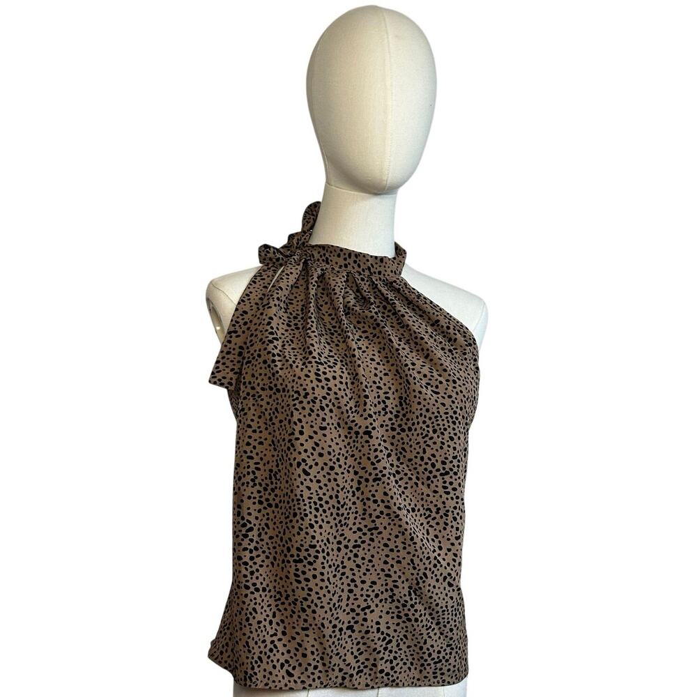 Brown Leopard Print S Top Bow Halter Neckline Y2K Boho Preppy Office Siren